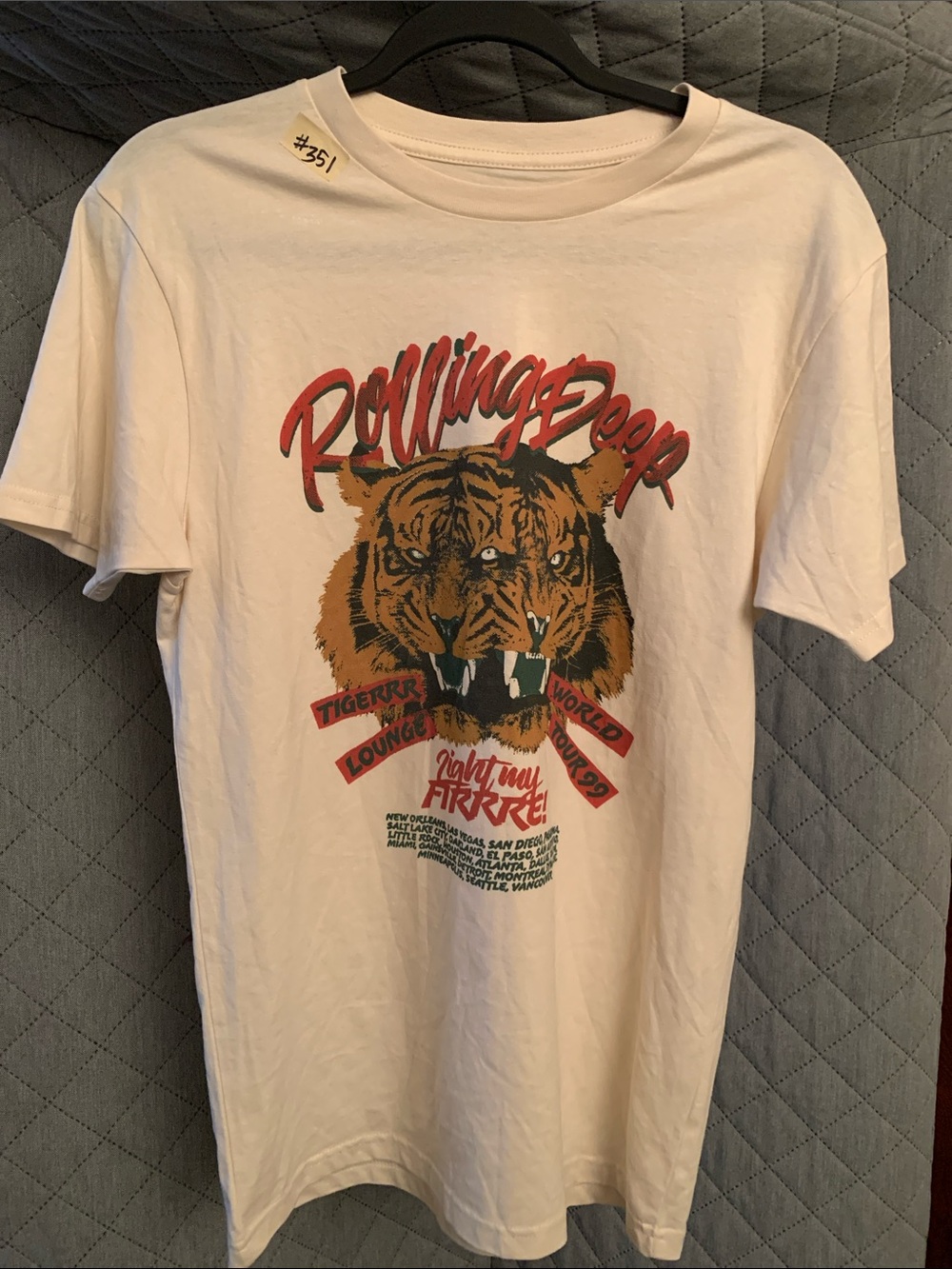 #40 Fashion Nova White Graphic Tee with Tiger Motif and Red Script